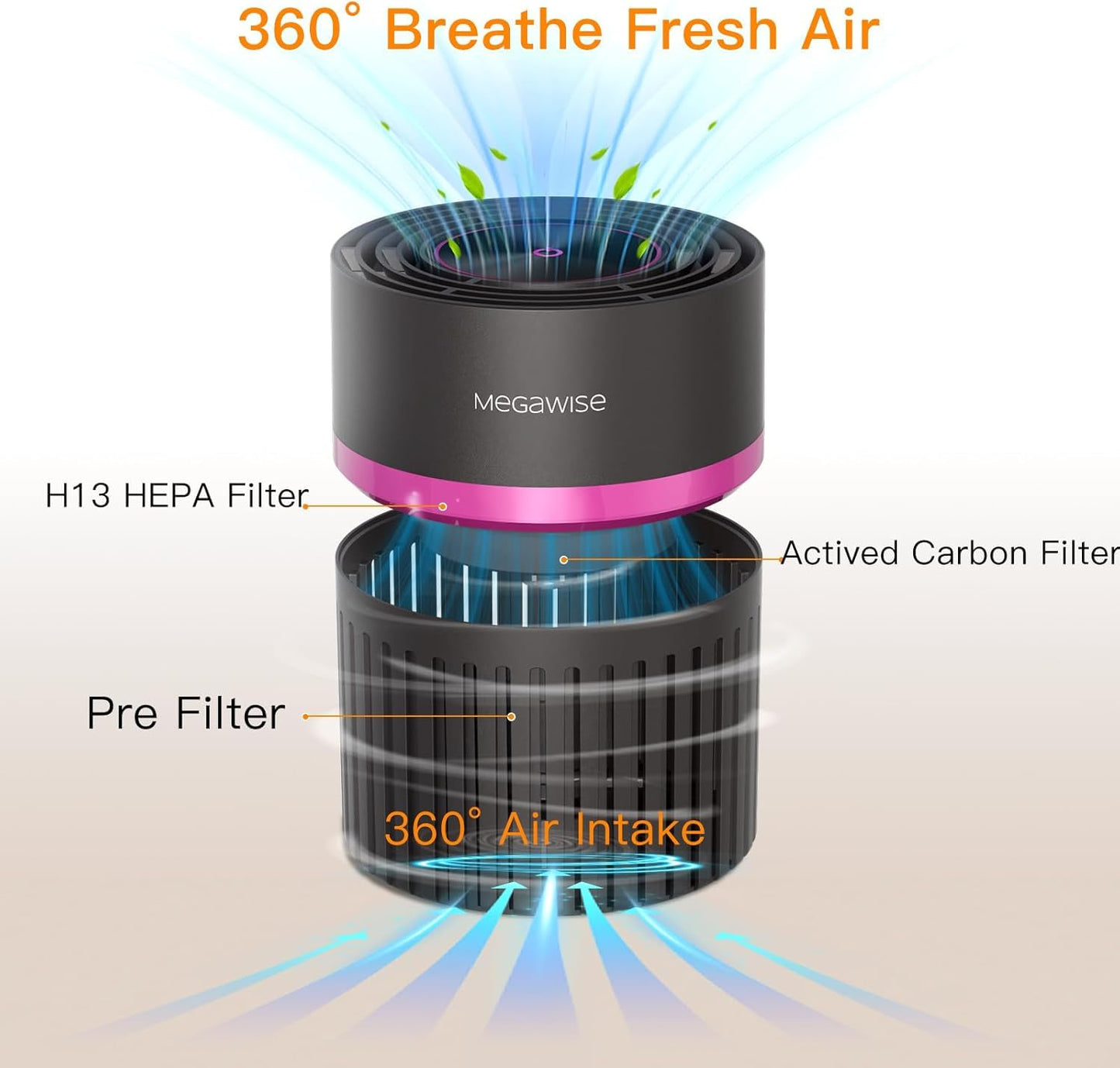 MEGAWISE Home Air Purifier, True HEPA, 6-Speed, for 215 sq ft