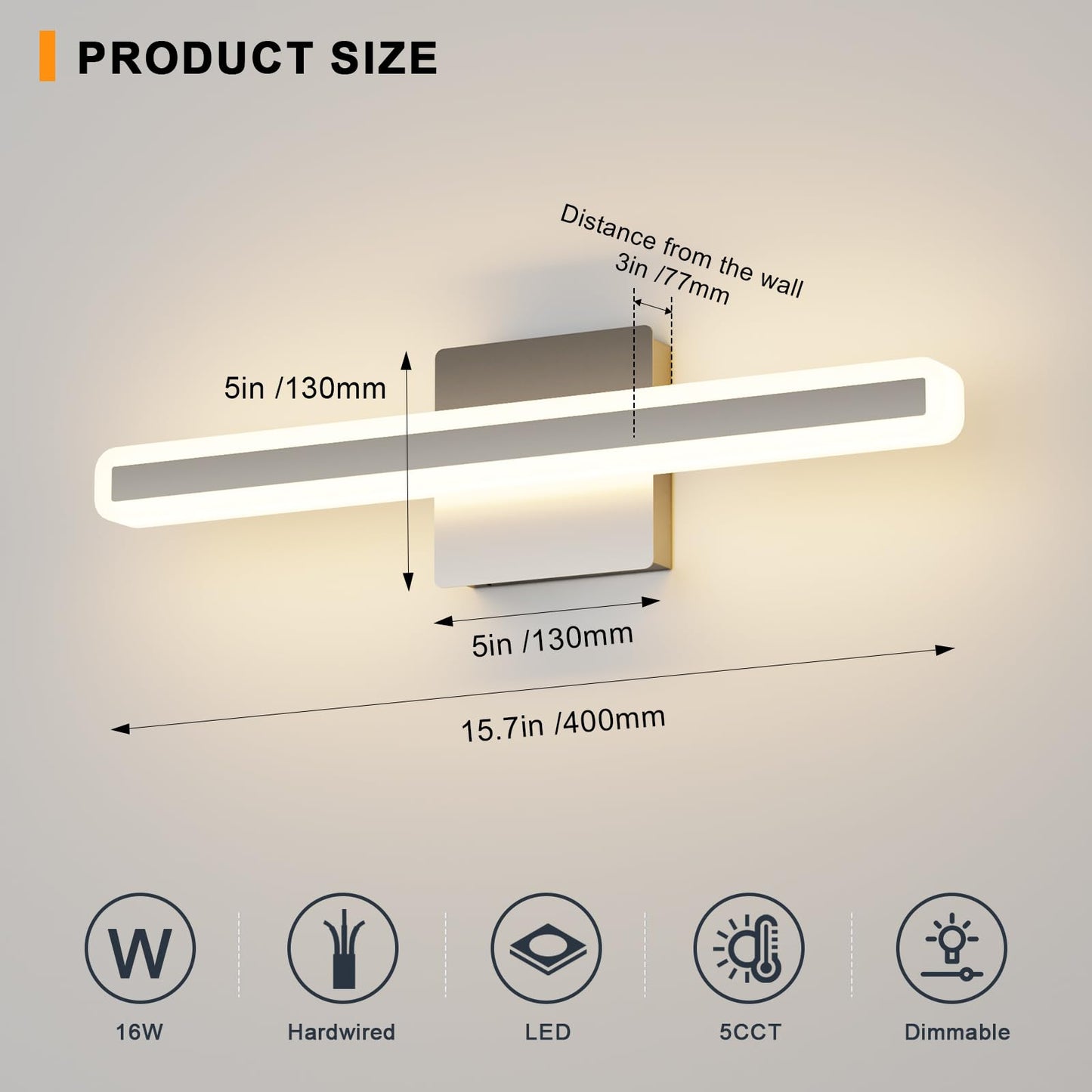 KELIDEN Modern Vanity Light 15.7 inch 16W Dimmable 5CCT Led Bathroom Light Fixture Over Mirror, Brushed Nickel Vanity Light for Bathroom Mirror