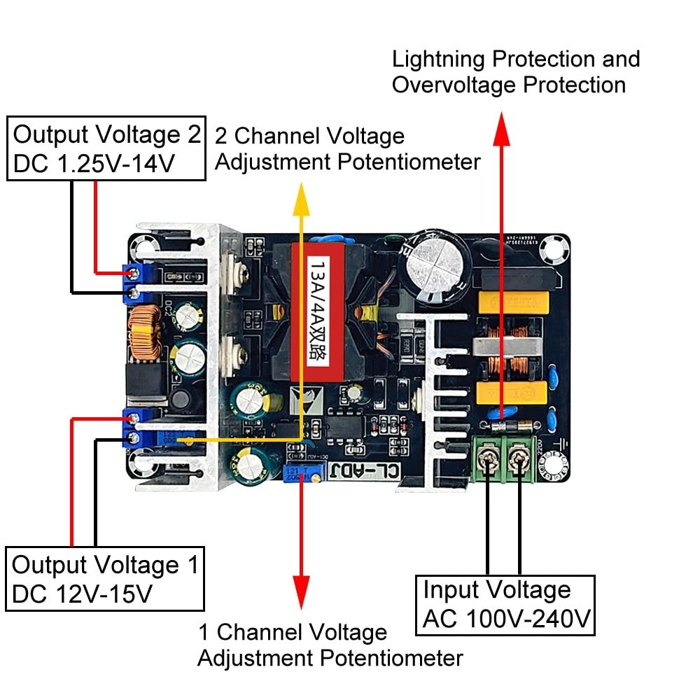 Power Supply Module, 180W Dual Output Adjustable Voltage Converter AC-DC 100V-240V to 12V-15V/13A or 1.25V-14V/4A
