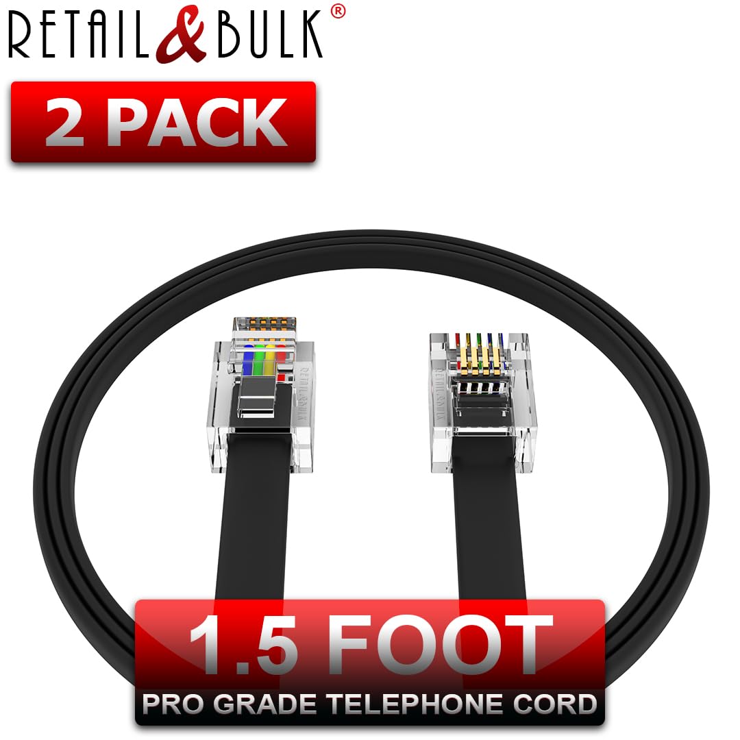 RetailAndBulk (2 Pack) 1.5 Foot Telephone Cord, Professional Grade Made in USA, 6P4C Male RJ11 Plugs with 50 Micron Gold Contacts, Pure Copper Wire