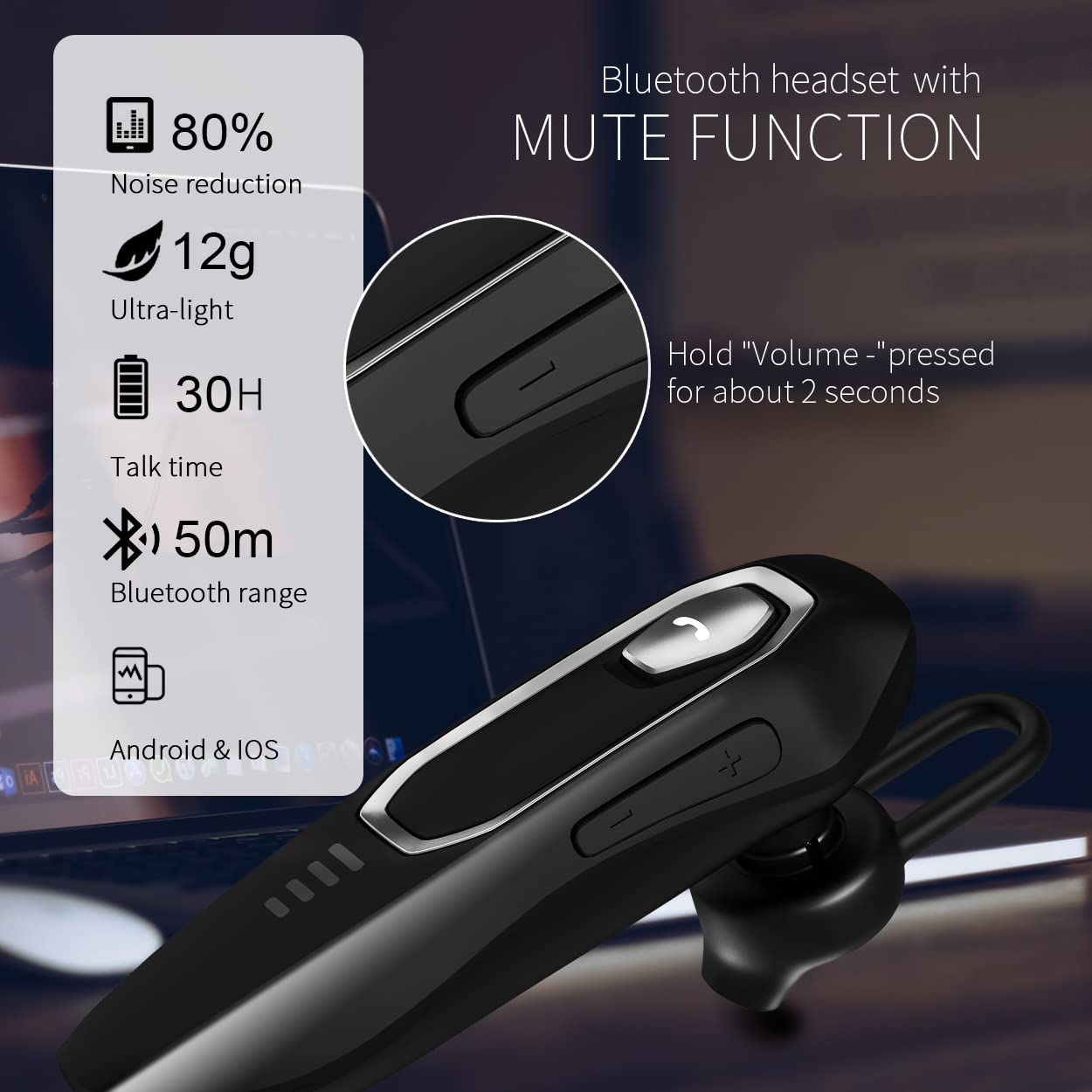 Micool Trucker Bluetooth Headset, Noise Cancelling, 30H Talking Time, Hands Free Bluetooth Earpiece for Cell Phons