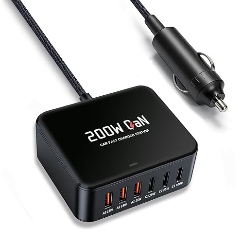 200W USB C Car Charger,Type C Laptop Car Charger & PD3.0/QC3.0/PPS Cigarette Lighter Adapter for iPhone 16/15/14/13/12 Pro Max, Galaxy S25/S26 Ultra