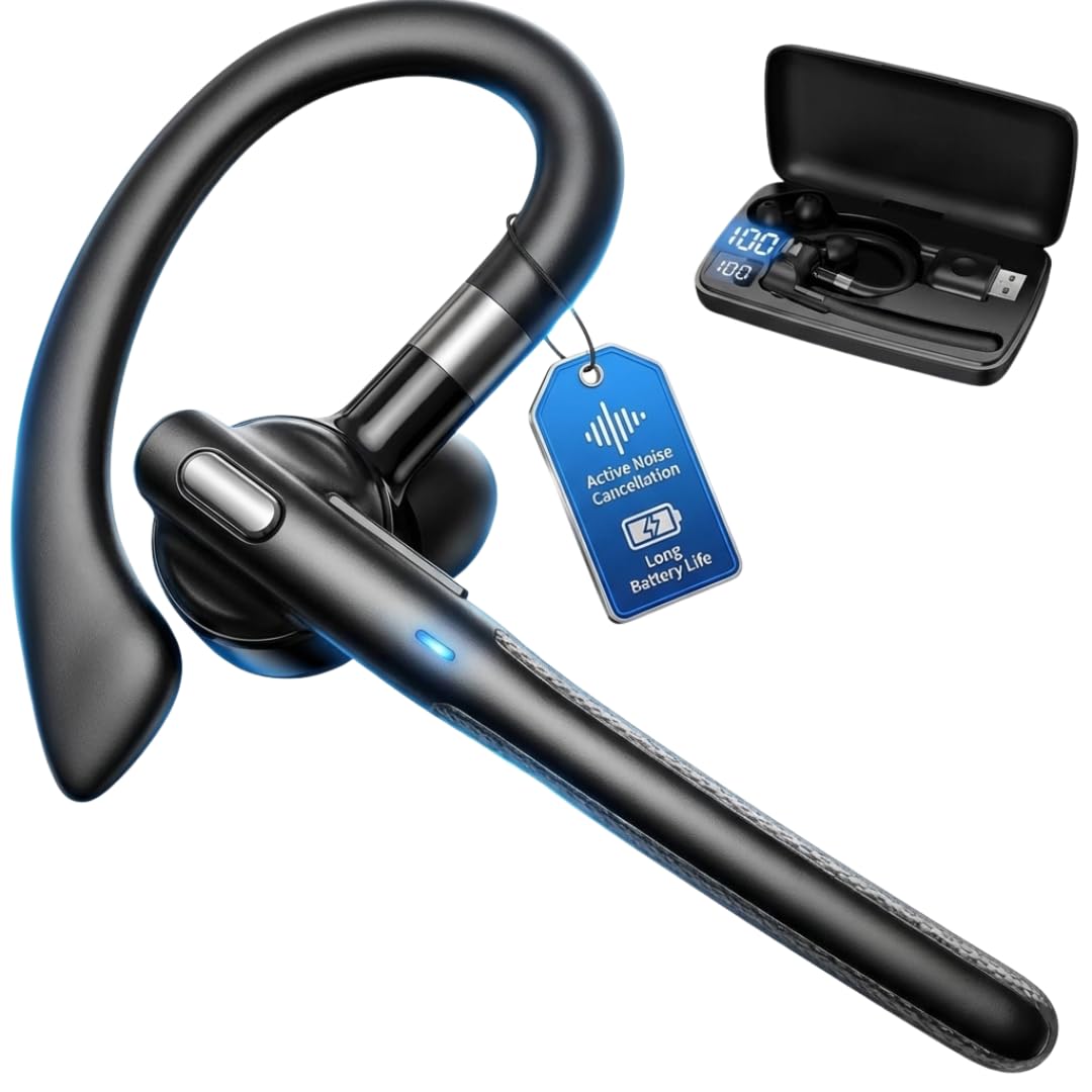 WADANI Bluetooth Wireless Earpiece with USB Adapter for PC, Dual-Mic Noise Reduction, 500mAh Charging Case, Bluetooth 6.1 Stable Connection, LED
