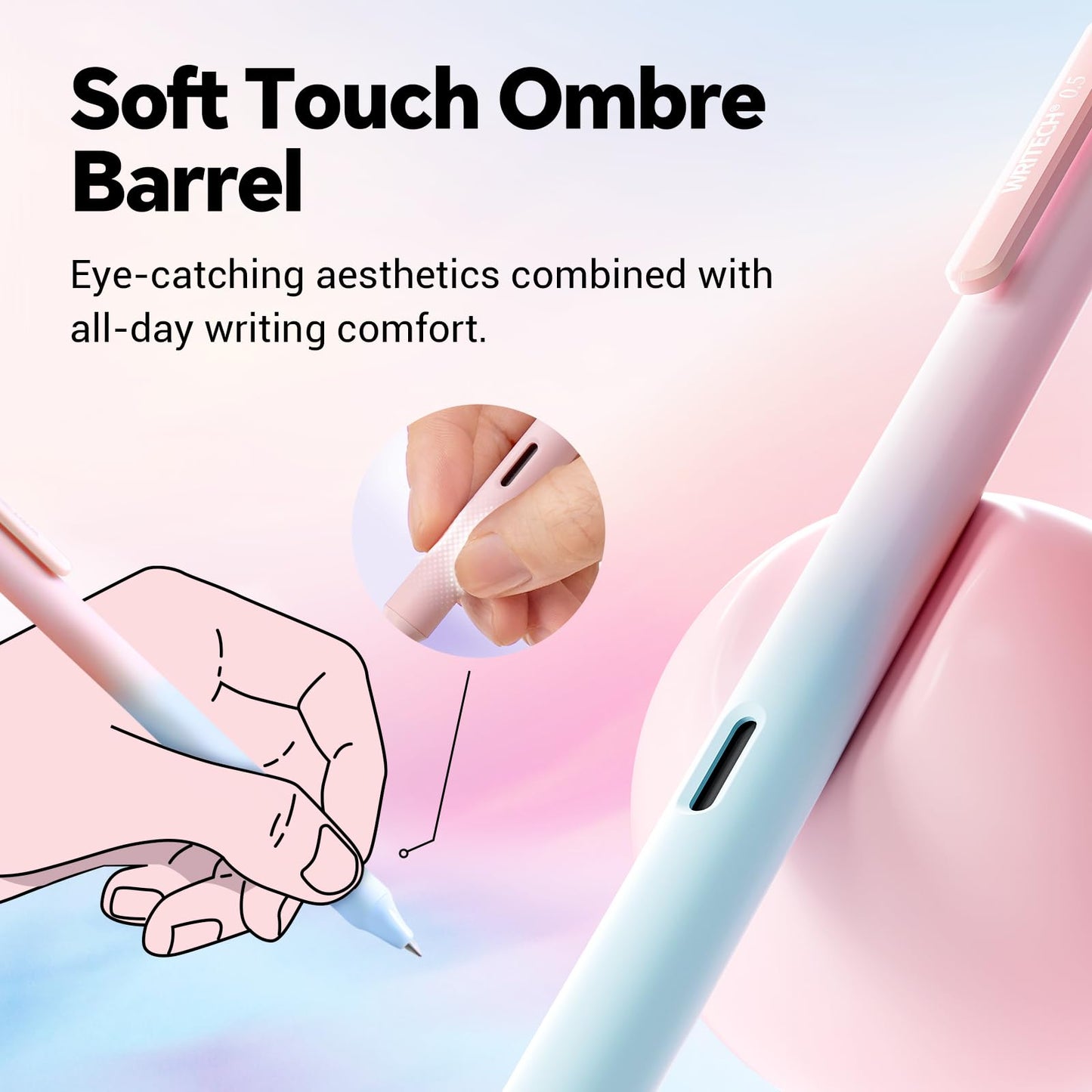 Writech Retractable Gel Ink Pens: 8ct Black Ink 0.5mm Fine Point Tip Pen Comfort Grip Smooth Writing with Aesthetic Gradient Color Barrel