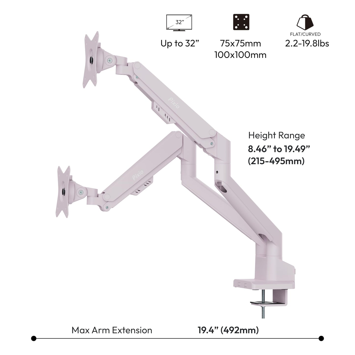 Pixio PS1D Wave Pink Dual Monitor Arm Stand Desk Mount - Fits up to 32 inches Monitors and up to 19.8lbs. VESA Compatibility and Integrated Cable