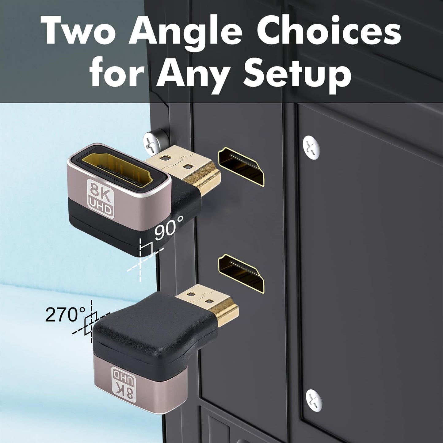 Cyberguys! 2Pack HDMI 90 Degree Adapter, 90 & 270 Right Angle HDMI Coupler, 8K@60Hz, 4K@120Hz, 3D Support, HDMI 2.1 Compatible, 24K Gold Plated