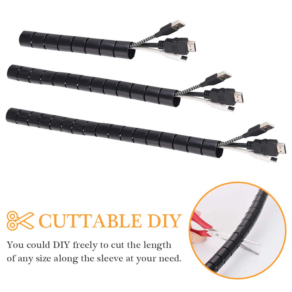 Black Spiral Winding Cable Management Pipe Wire Wrap Line Coiled Tube, Flexible Cord Covered Protective Bundler Sleeve Hose for Office, Computer, TV