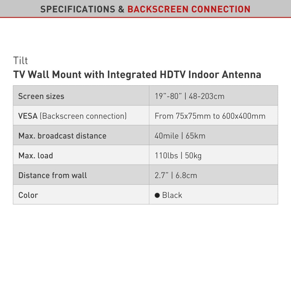 Barkan 19-80 inch Tilt TV Wall Mount with Integrated HDTV Indoor Antenna, for All Wall Types, Flat/Curved Screen Bracket, Holds up to 110lbs, Auto