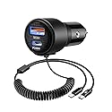 BUNUD Car Charger USB C Fast Charging: 66W USBC & USB-A Dual Ports Cigarette Lighter - USB Car Adapter with Build-in 5FT Coiled Lightning Cable