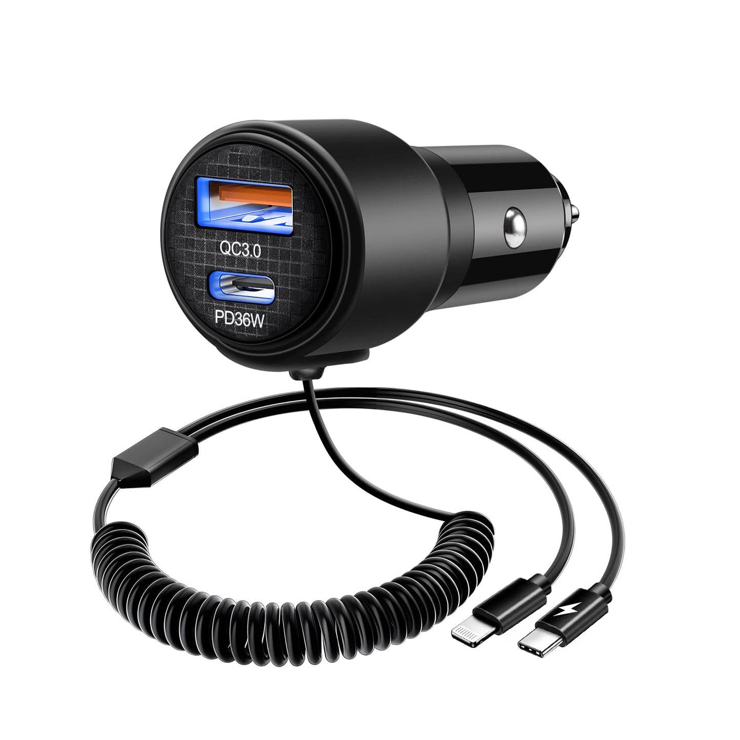 BUNUD Car Charger USB C Fast Charging: 66W USBC & USB-A Dual Ports Cigarette Lighter - USB Car Adapter with Build-in 5FT Coiled Lightning Cable