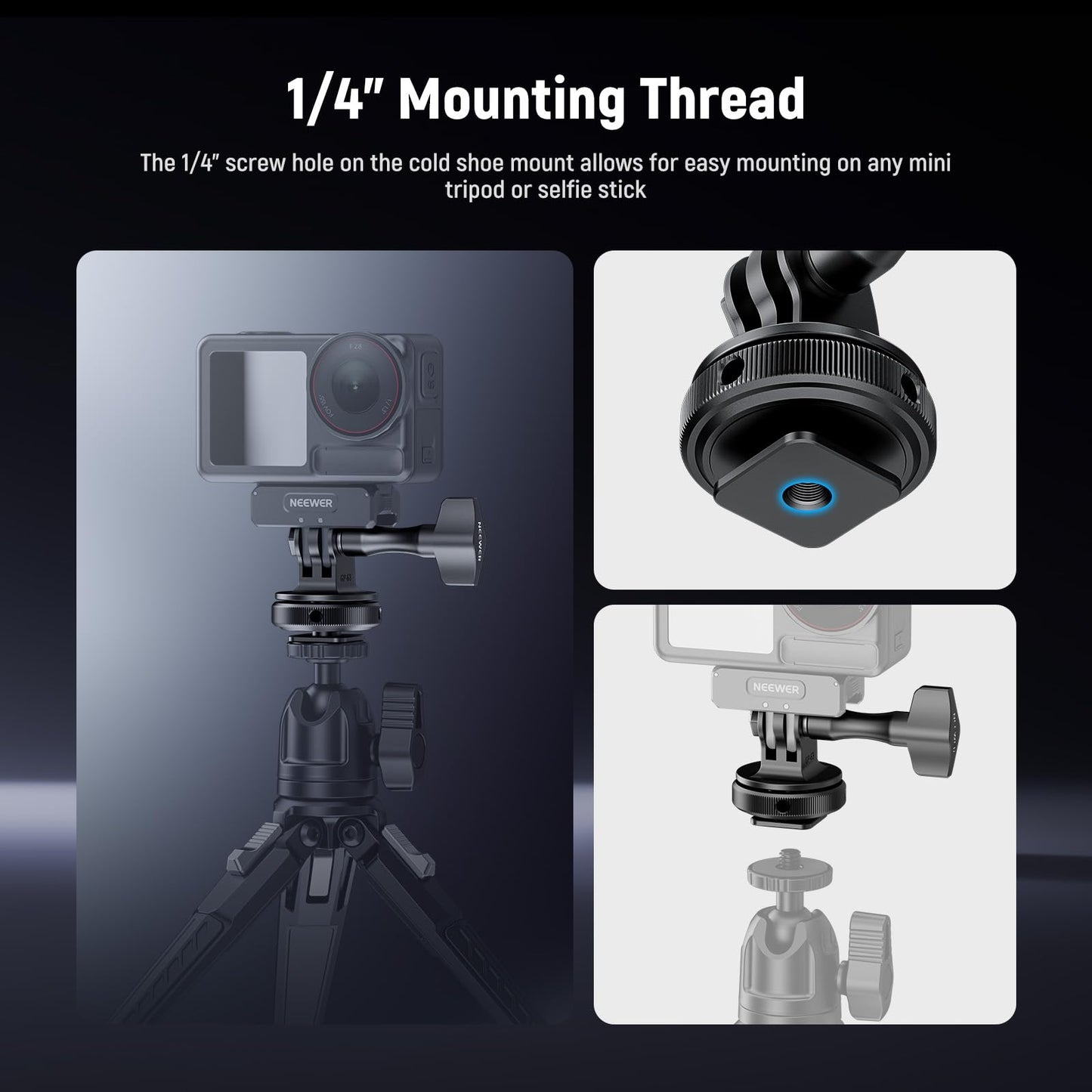 NEEWER Action Camera Cold Shoe Mount Adapter Compatible with GoPro Accessories Go Pro DJI Insta360 AKASO, Metal 1/4" Thread Hot Shoe Mount for Mini