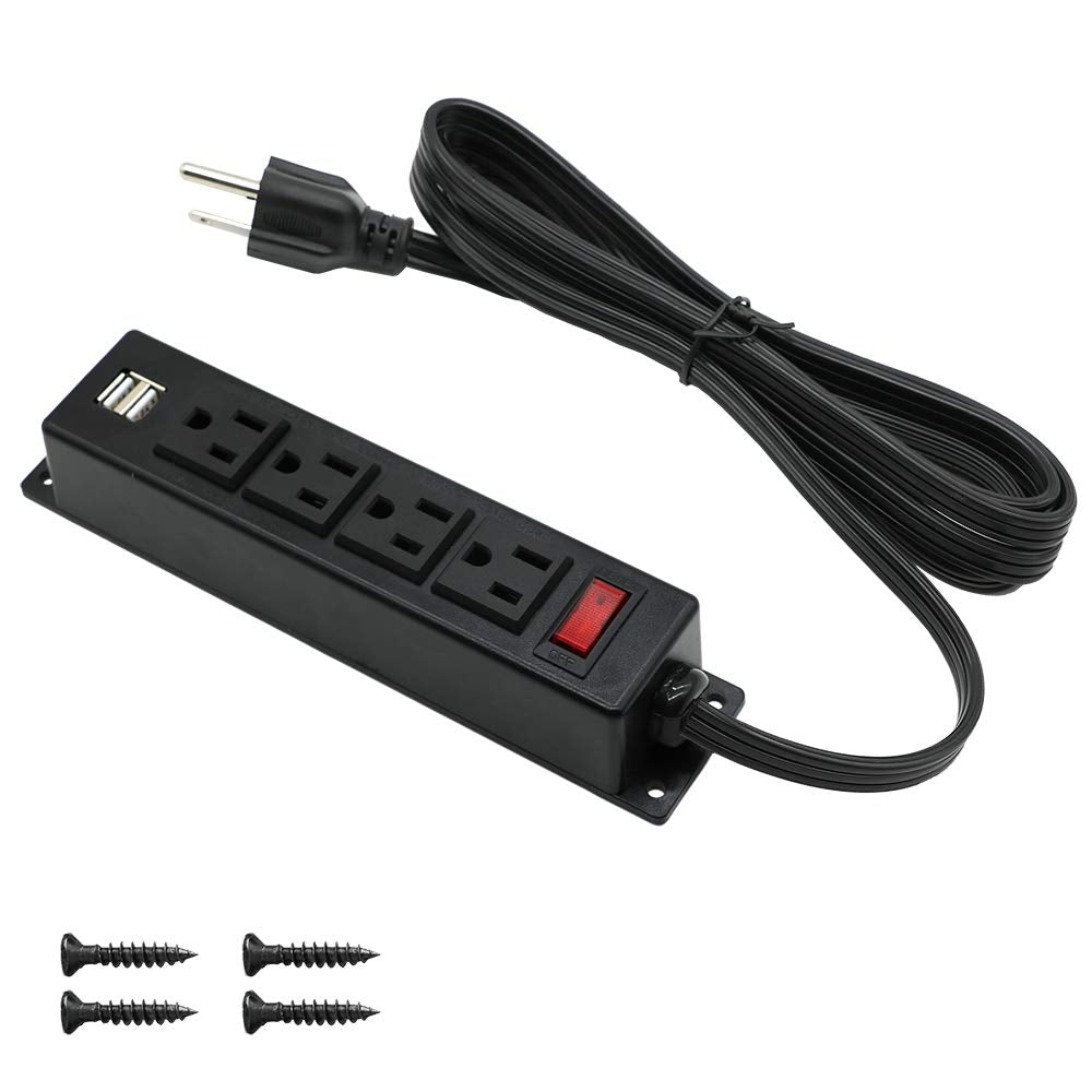 Mountable Power Strip with USB Ports,Wall Mount Power Outlets Screw Down Power Socket in Desk Under Cabinet Power Station 4AC Outlet 2 USB 6.56 Feet