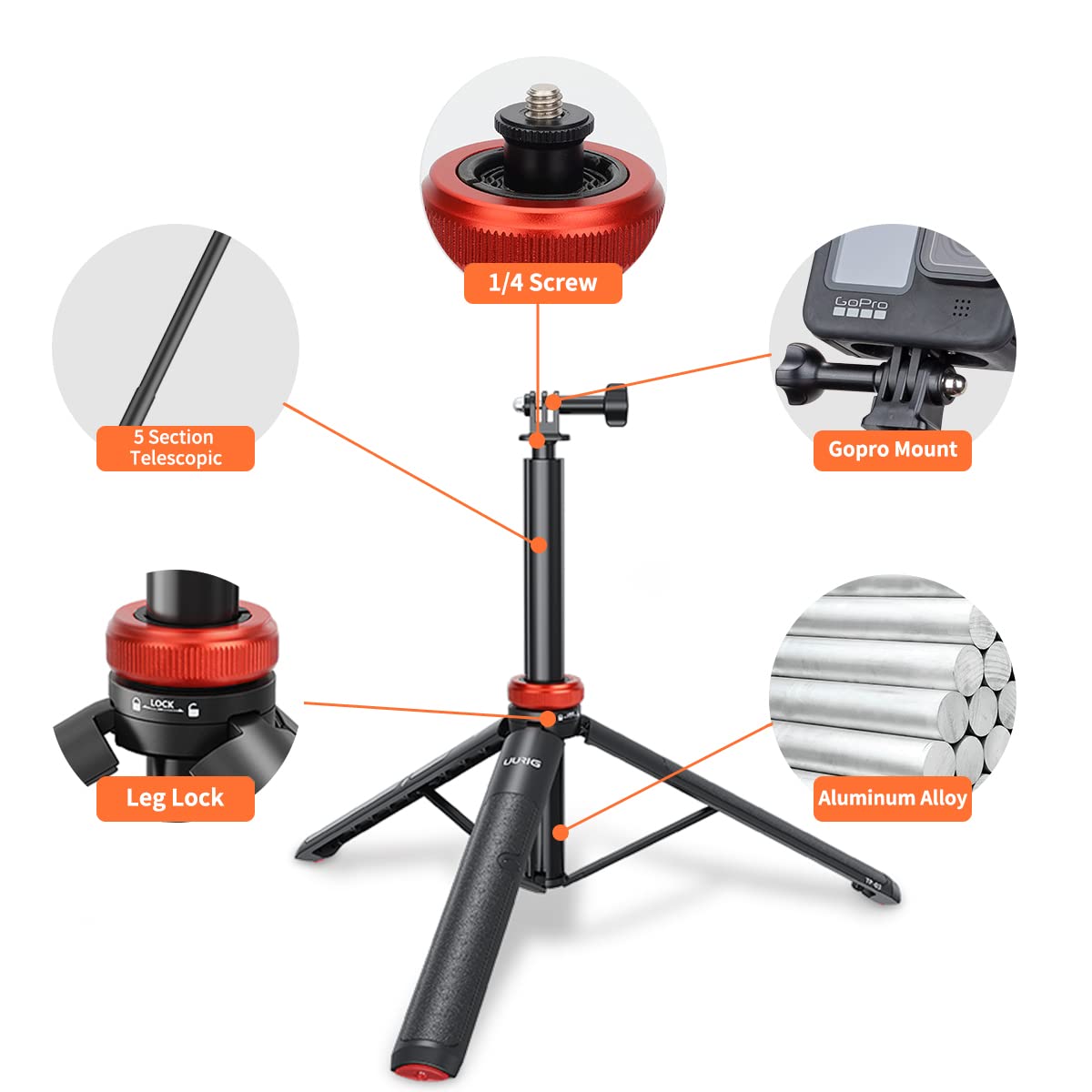 UURig Telescopic Selfie Stick Long with Tripod, Waterproof Hand Grip, for Insta360X5/X4, GoPro Hero 13 12 11 10 9 8 7 6 5 4 3 2, Fusion, Max, Session