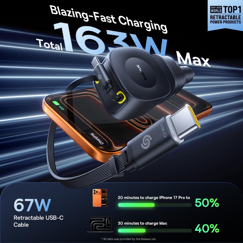 Baseus 163W Retractable Car Charger USB C Fast Charging, PrimeTrip VR2 Max 4 in 1 Fast Car Charger with Dual Retractable USB C Cable for iPhone 17 16