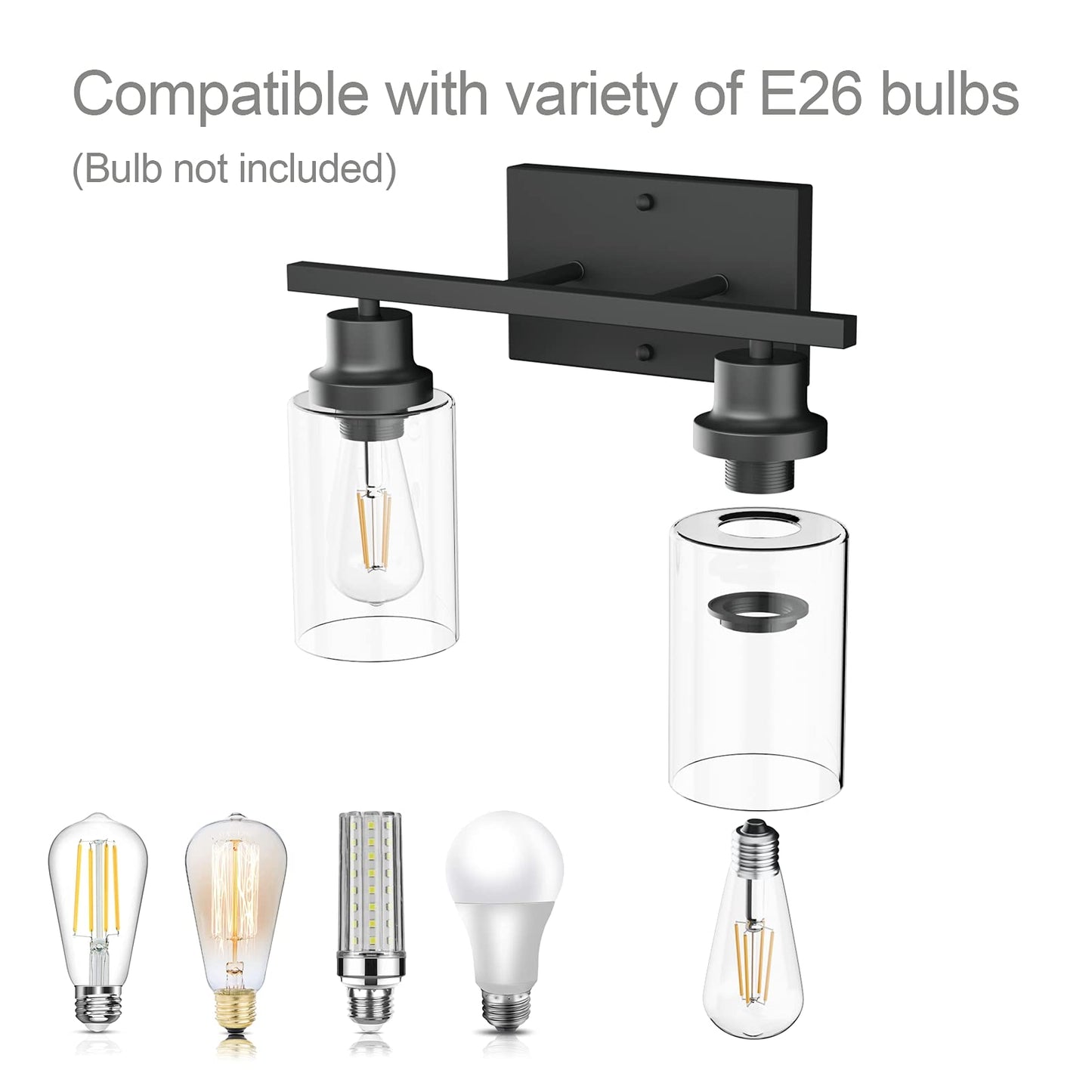 Tipace Industrial Vanity Light Fixture,2-Light Matte Black Bathroom Lighting with Clear Glass Shades Wall Sconces Fixture (Bulb not Include)