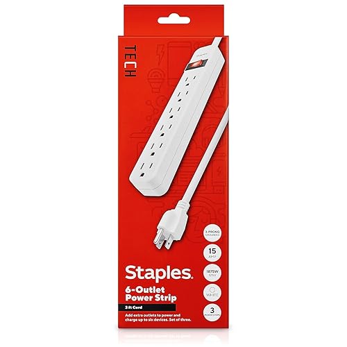 Staples TECH 6?Outlet Power Strip - 3 ft. Extension Cord for Home, Office & Dorm Room Use, White, 3?Pack