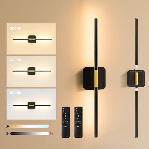 GvvooHome Battery Operated Wall Sconces Set of 2, Detachable 360°Rotate Wall Lamps, 3000-6500K Dimmable with Remote Control, 10000mAh Rechargeable