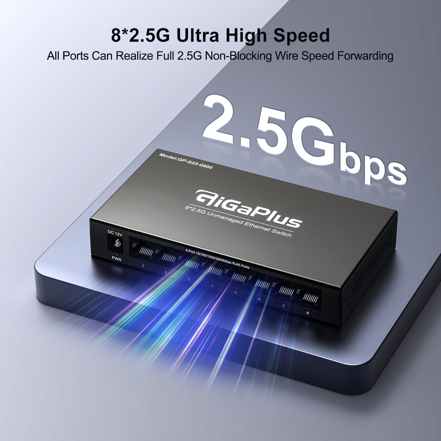 8 Port 2.5Gb Unmanaged Ethernet Switch with 8* 2.5G Base-T Ports. GiGaPlus 2.5Gbps Network Switch for 2.5Gbps NAS/PC, WiFi6 Router, Wireless AP