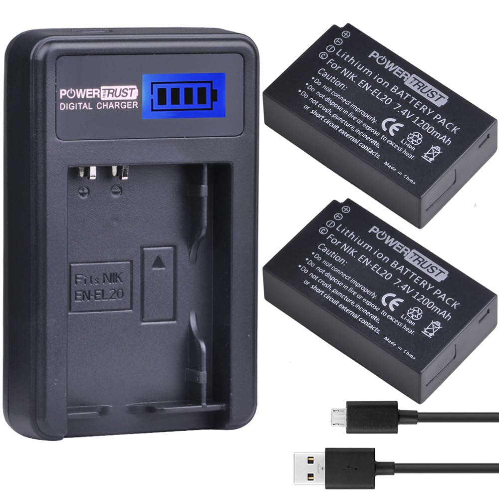 PowerTrust 2 Pack EN-EL20 EN-EL20a Camera Battery and LCD USB Charger for NIKON 1 J1 J2 J3 S1 AW1 CAMERA Batteries