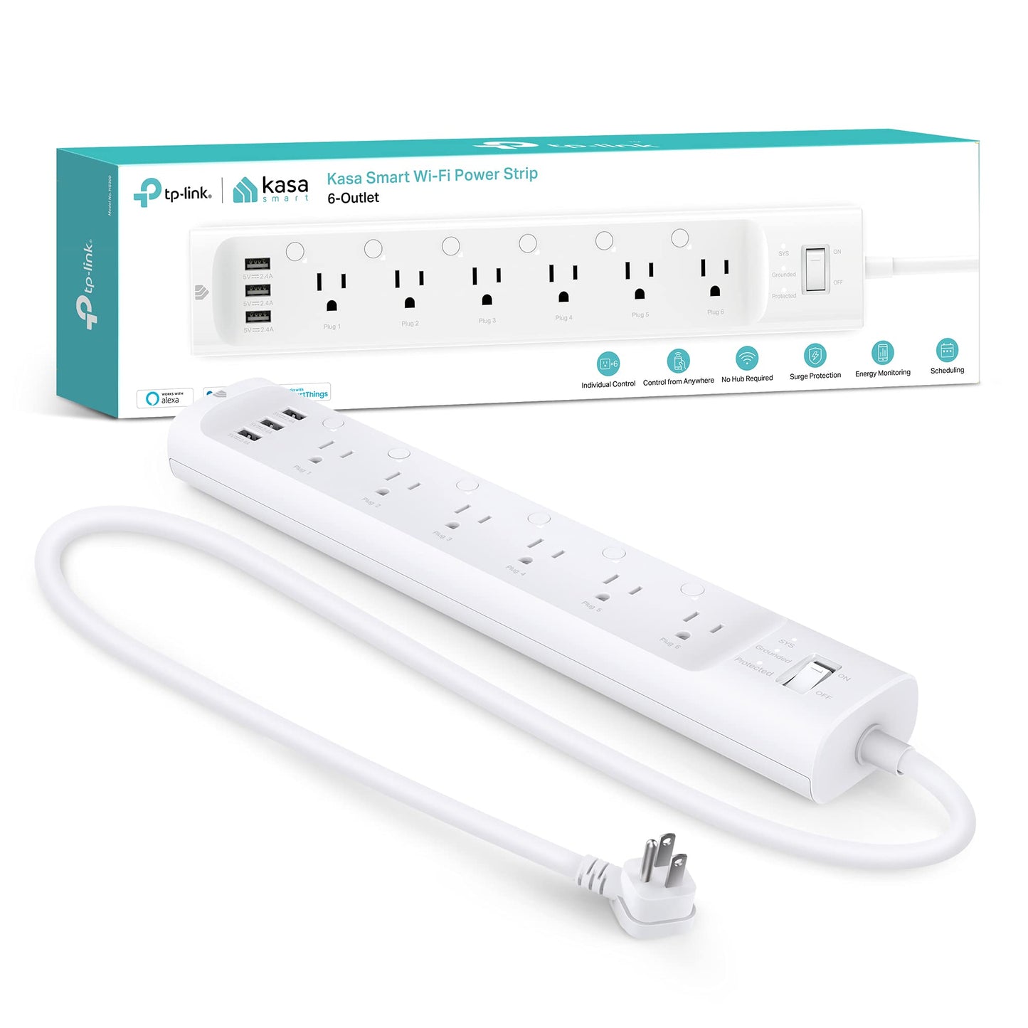 Kasa Smart Plug Power Strip HS300, Surge Protector with 6 Individually Controlled Smart Outlets and 3 USB Ports, Works with Alexa & Google Home, No