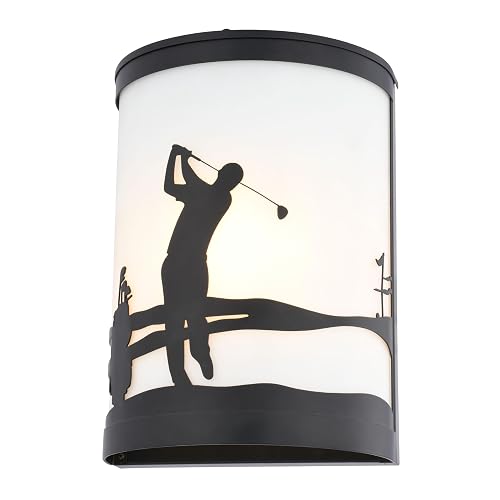 VAXCEL Links 1-Light 8 in. Wide Black Indoor-Outdoor Flush Mount Wall Sconce with Metal Golfer Cutout and Frosted White Glass Shade, Dimmable, LED