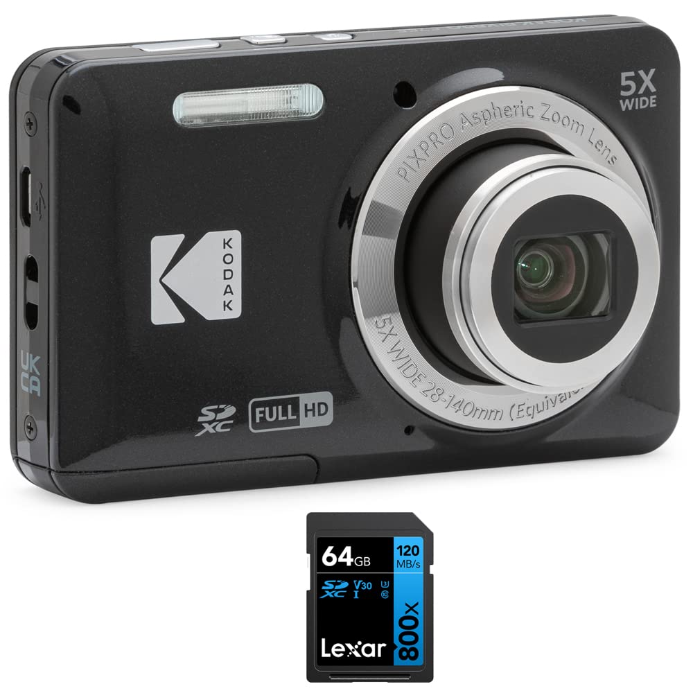 Kodak FZ55BK PIXPRO FZ55 Digital Camera Black Bundle with Lexar 64GB High-Performance 800x UHS-I SDHC Memory Card Blue Series