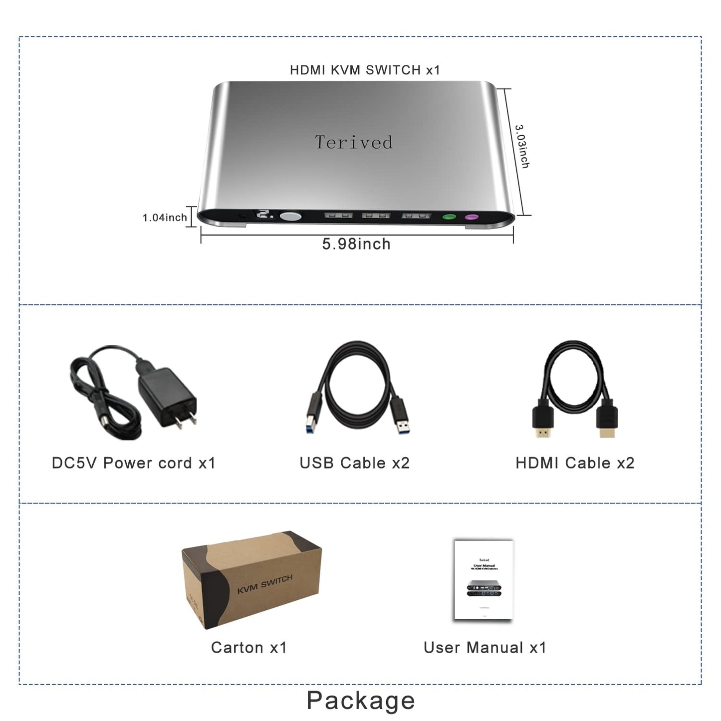 Terived 2 Port HDMI USB 3.0 KVM Switch with Aluminum Alloy Shell and Digital Display,Audio/Microphone, 4K@60Hz,hotkey,Auto EDID, HDR10 with Cables