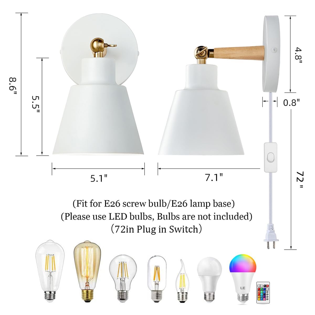 ClanKin Plug in Wall Sconces Lighting Set of 2, White Wood Style Wall Sconce Reading Lamp, Adjustable Wall Light for Bedroom Hallway Living Room (2