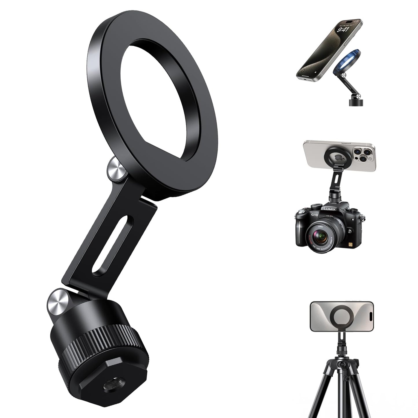 elitehood Magnetic Phone Tripod Mount for Magsafe, Aluminum iPhone Tripod Mount Adapter with 1/4” Screw, Cold Shoe Phone Holder for Camera, Compatible