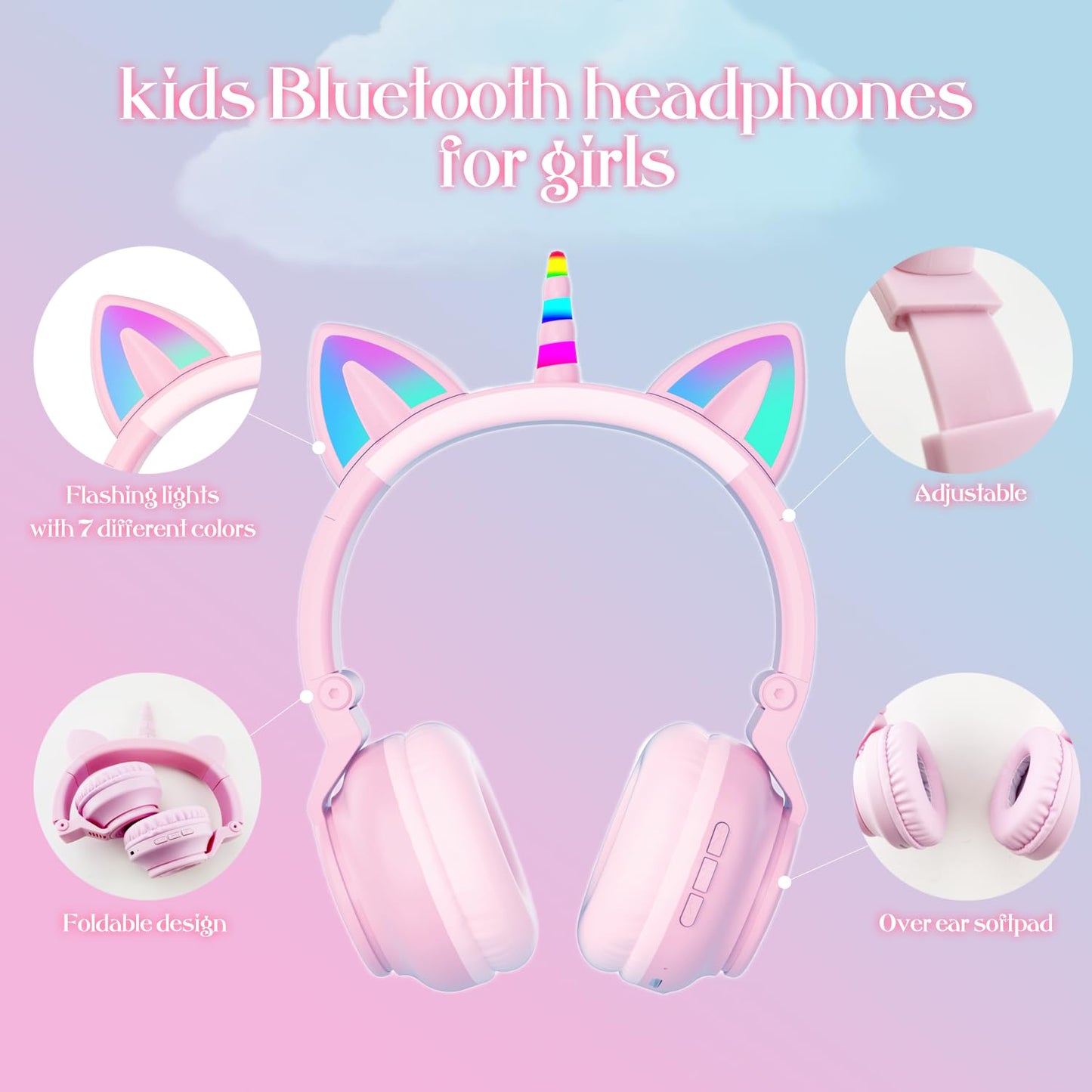 YUSONIC Unicorn Kids Headphones for Girls, Unicorn Bluetooth Headphones Foldable for Girls Toddlers Tablet/pad/Amazon fire,Light Up Kids Wireless…