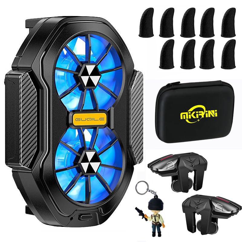 14 in 1 Mobile Phone Dual Cooler with LED Light, Cell Phone Cooling Fan Radiator, 2pcs L2R2 Mobile Game Controller Triggers for PUBG/Fortnite/Call