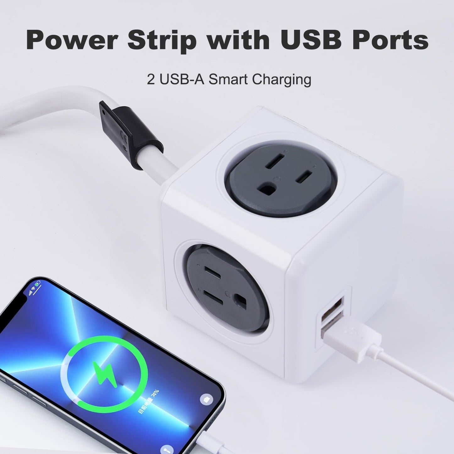 Surge Protector Power Board, 4 - Outlet Extender Multi - Plug Socket with 2 USB Charging Ports, 5 Foot Extension Cord, Installation Base?Suitable