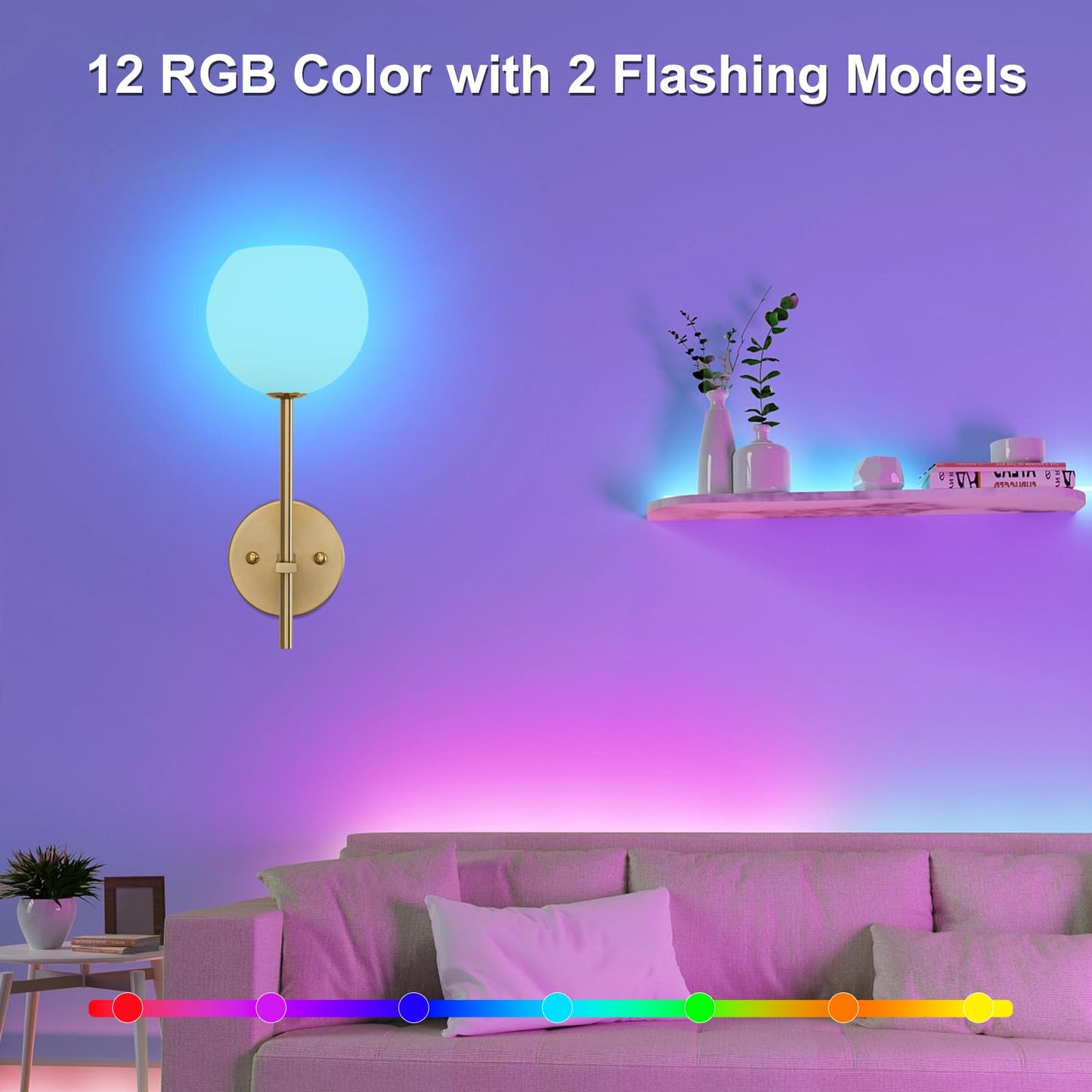 Gold Battery Operated Wall Sconces Set of 2, Rechargeable Wireless Wall Lights with Milky White Frosted Glass Shade, 12 RGB and 3CCT Dimmable, Wall