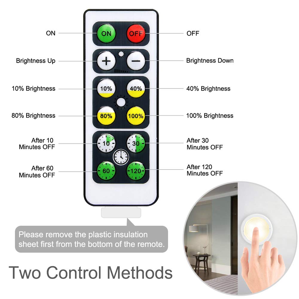 Bawoo LED Puck Lights 6 Pack, Remote Control, Warm White Brightness Dimmable Battery Powered Touch Closet Cupboard Kitchen Wardrobe Lights