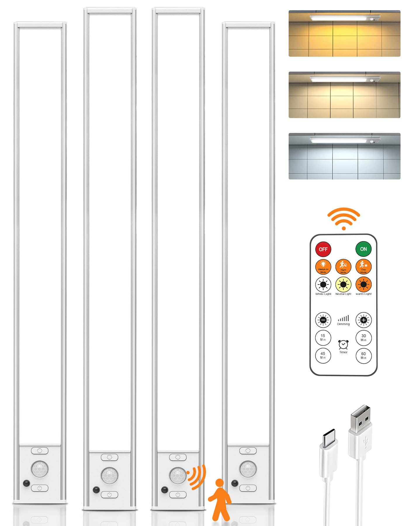 16inch Under Cabinet Lighting Wireless, 4000mAh Rechargeable Motion Sensor Light Indoor, LED Closet Lights with Remote, 3 Color Temps Dimmable