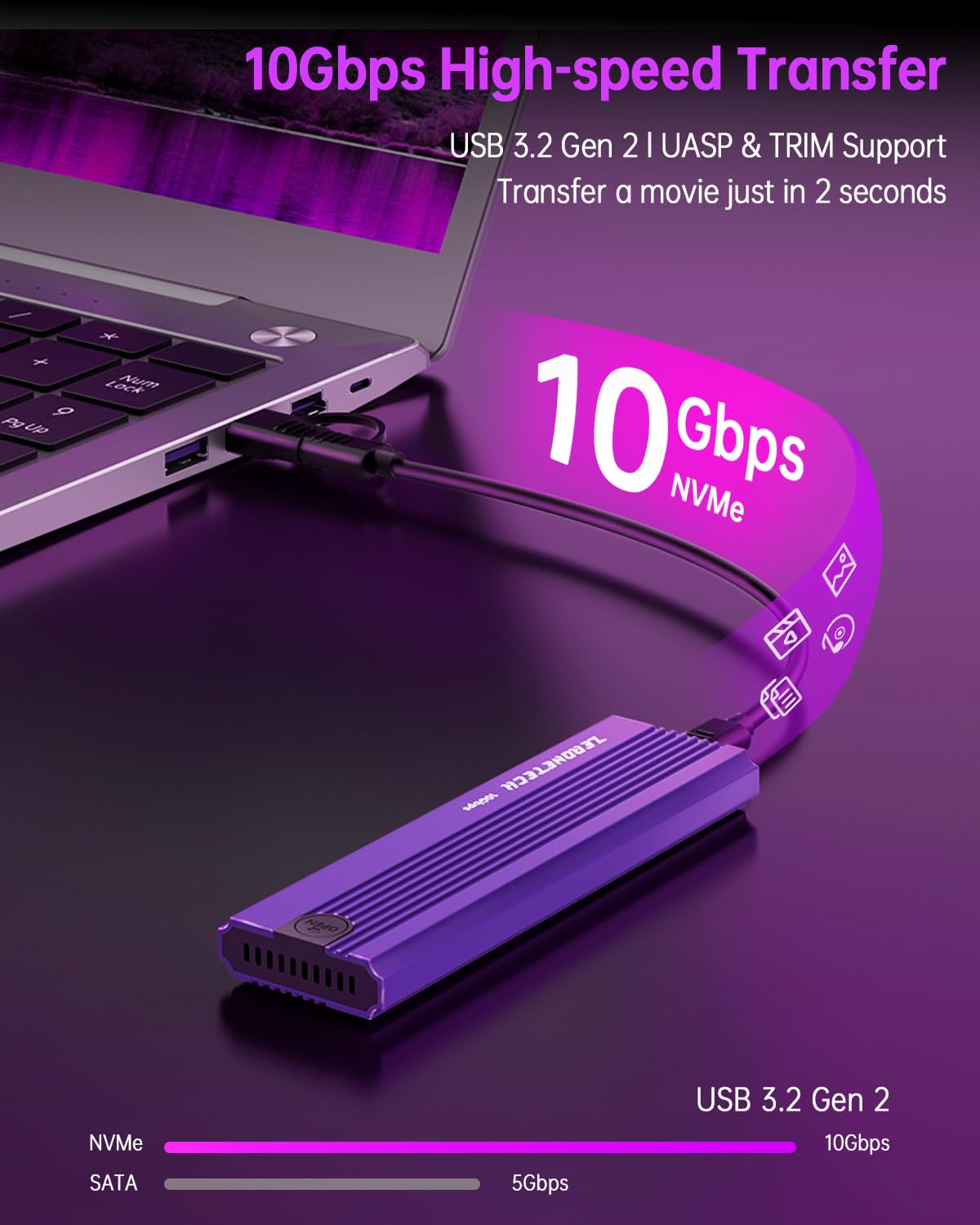 M.2 NVMe SSD Enclosure Adapter Tool-Free, 10Gbps USB 3.2 Gen 2 USB C External, M.2 NVMe to USB Reader, Support UASP Trim for NVME M and (B+M) Keys
