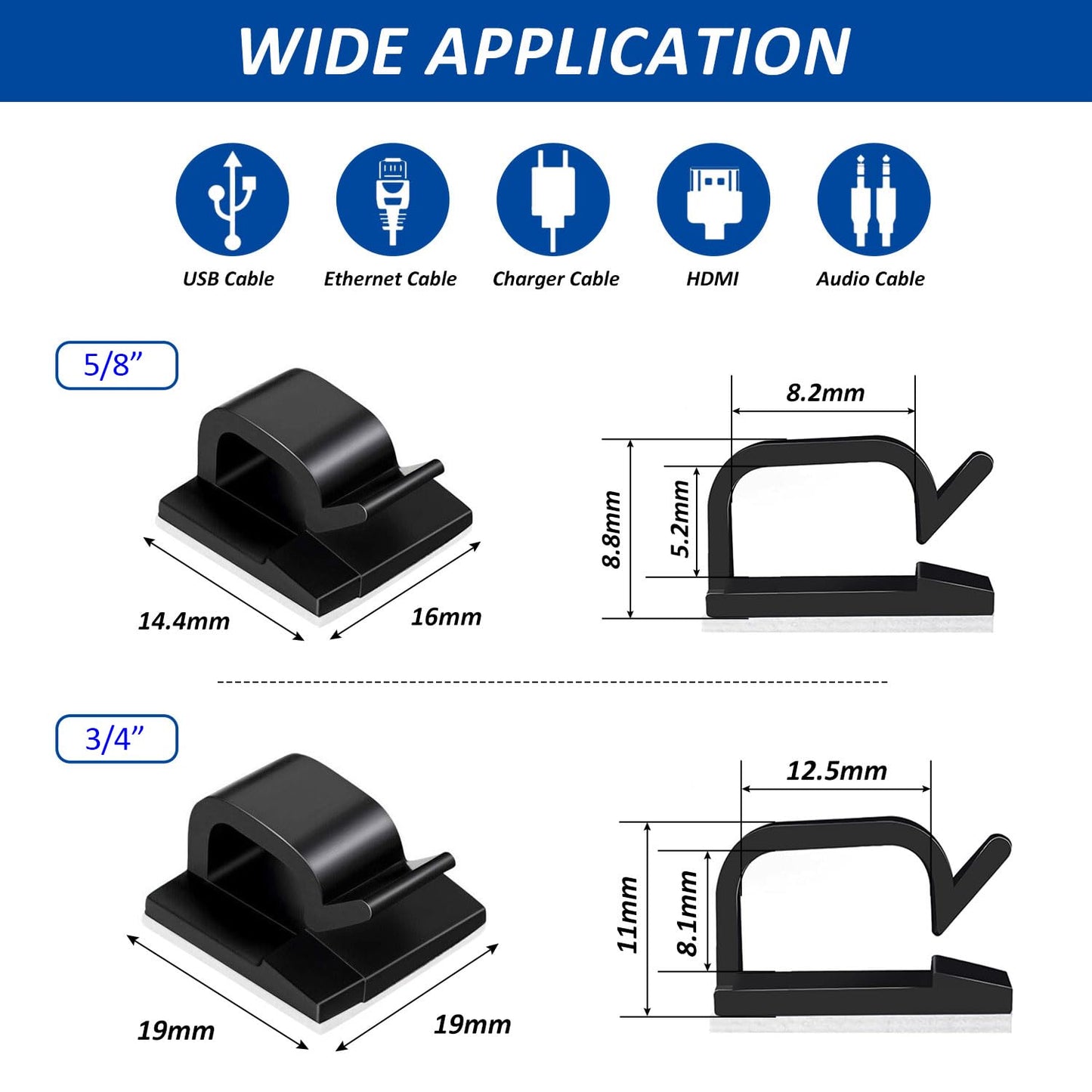 5/8" Adhesive Cable Clips - 100 Pcs Wire Holder Organizer Cord Management for Car, Ethernet Cable,Wall,Office and Home-Black (41/64" x37/64-100PCS