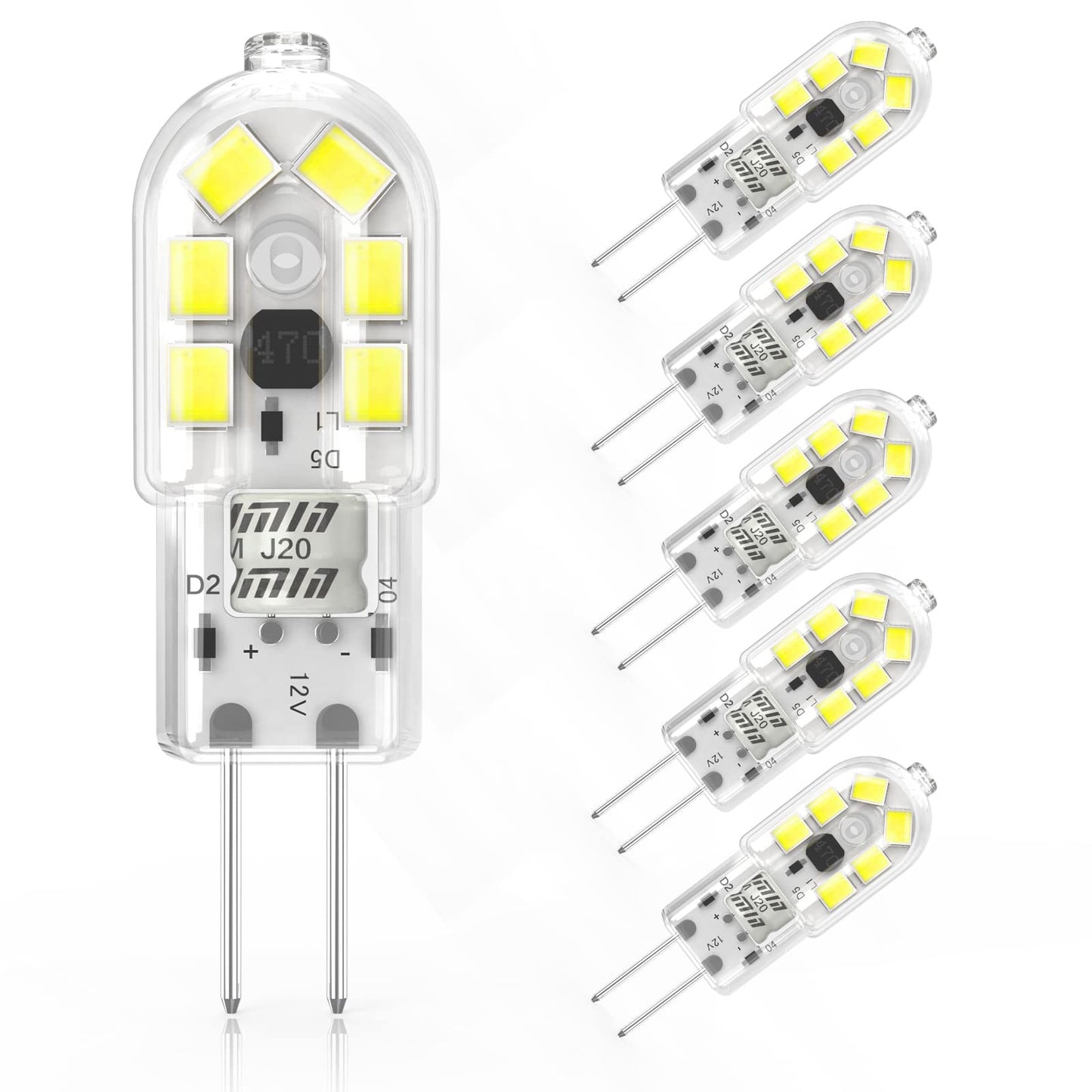 YUIIP G4 LED Bulb, AC/DC 12V JC G4 Bi Pin Bulb, G4 20W Halogen Bulb Replacement, Daylight White 6000K Landscape Bulb, Non-Dimmable, 5-Pack