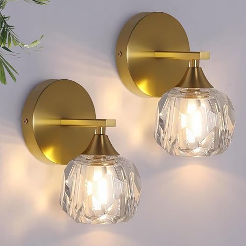 Bektas Set of 2 Wall Sconces for Bathroom, Modern Vanity Light Fixtures, Gold Wall Mount Lighting Lanterns, Wall Lights with Clear Glass Shade