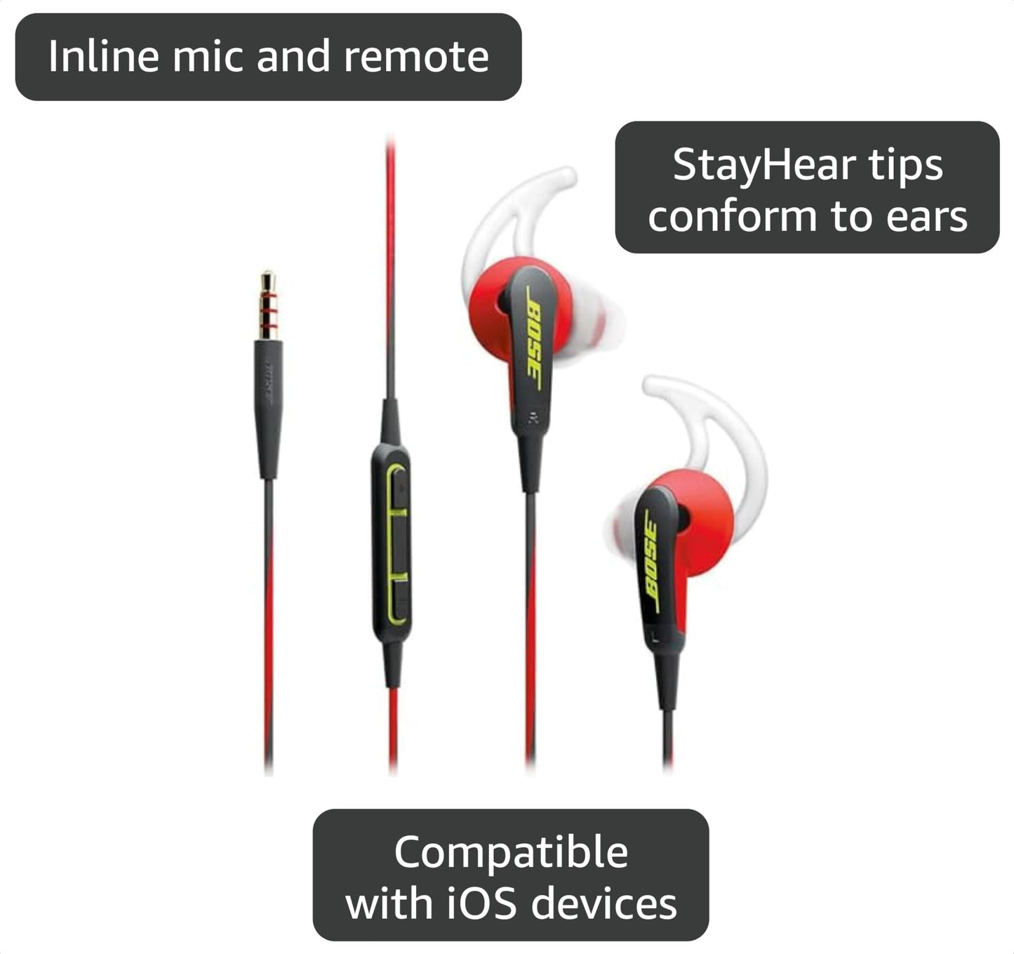 Bose SoundSport In-Ear Headphones w/Mic (Apple) (Red) (Renewed)