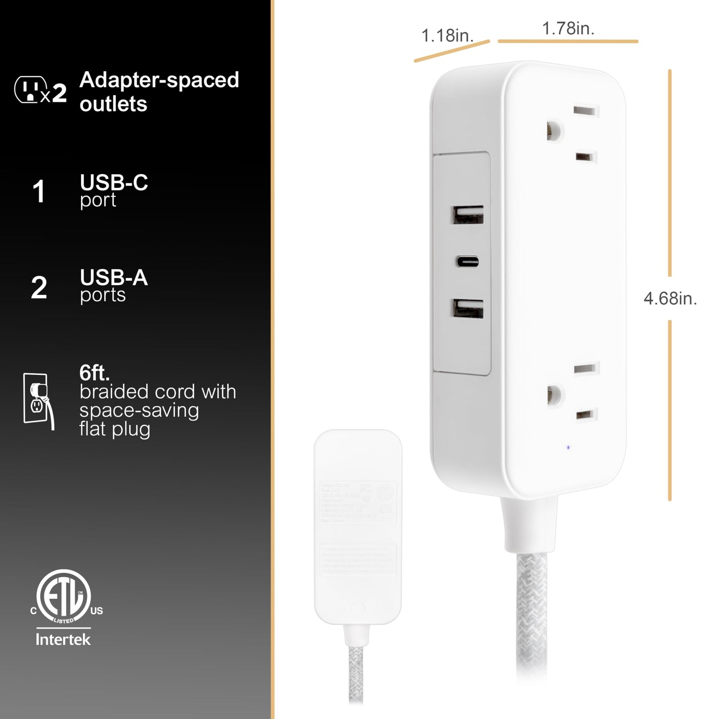 GE Flat Plug Power Strip Extension Cord with USB Ports, Travel Power Strip with 2 Outlets 3 USB Ports, Cruise Ship Essentials, 6 Ft Braided Small