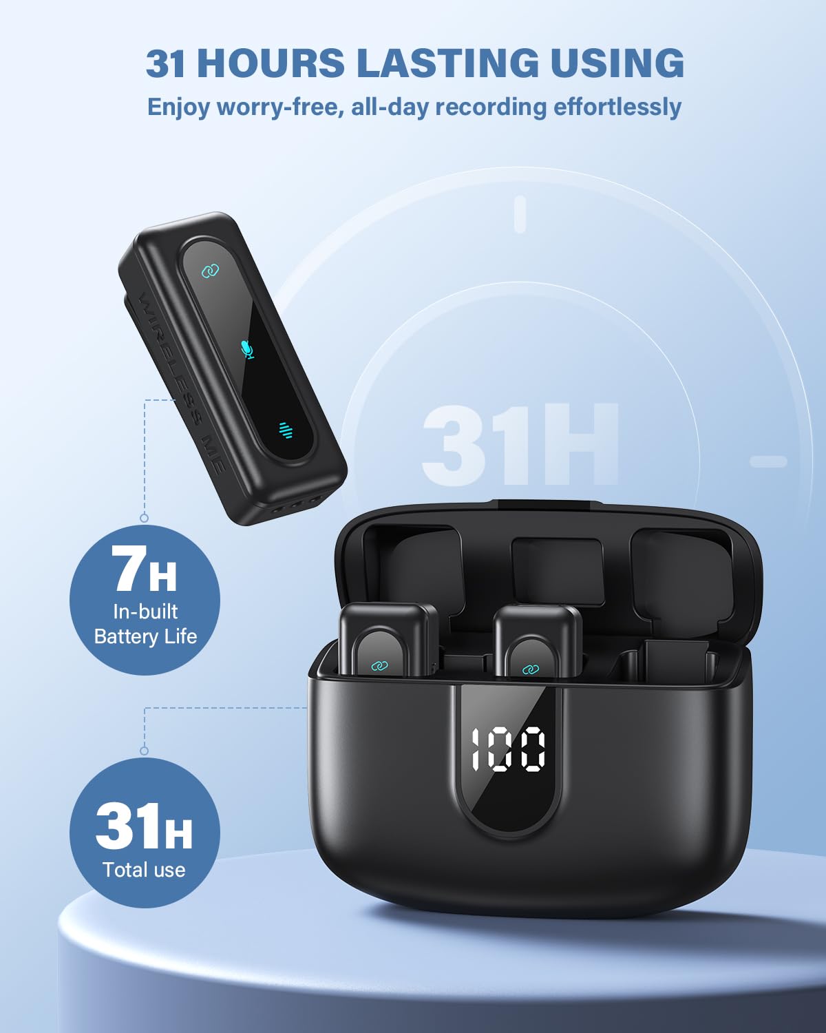 Wireless Lavalier Microphone for iPhone, Android & Laptops, Noise Cancellation, Auto Pairing, 24H Battery Life with Charging Case, USB C Mini