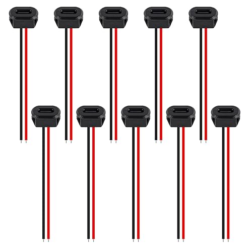 DWEII 10PCS Type-C Female Chassis Waterproof 2P Solder Wire Type USB C Pigtail Cable Extension Power Cable USB-C Plug to 2 Pin Bare Wire Open End