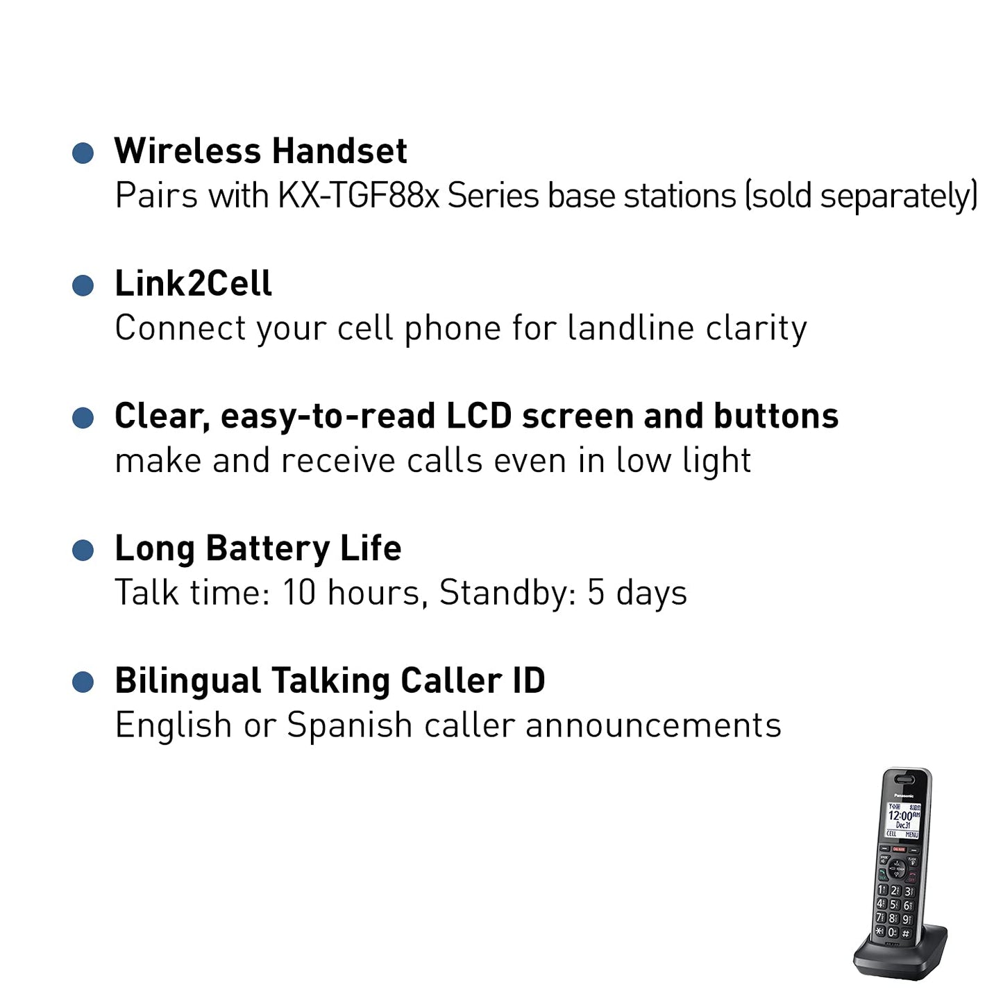 Panasonic Cordless Phone Extension Handset Accessory to Connect to Expandable Base Station - KX-TGFA88B (Black)