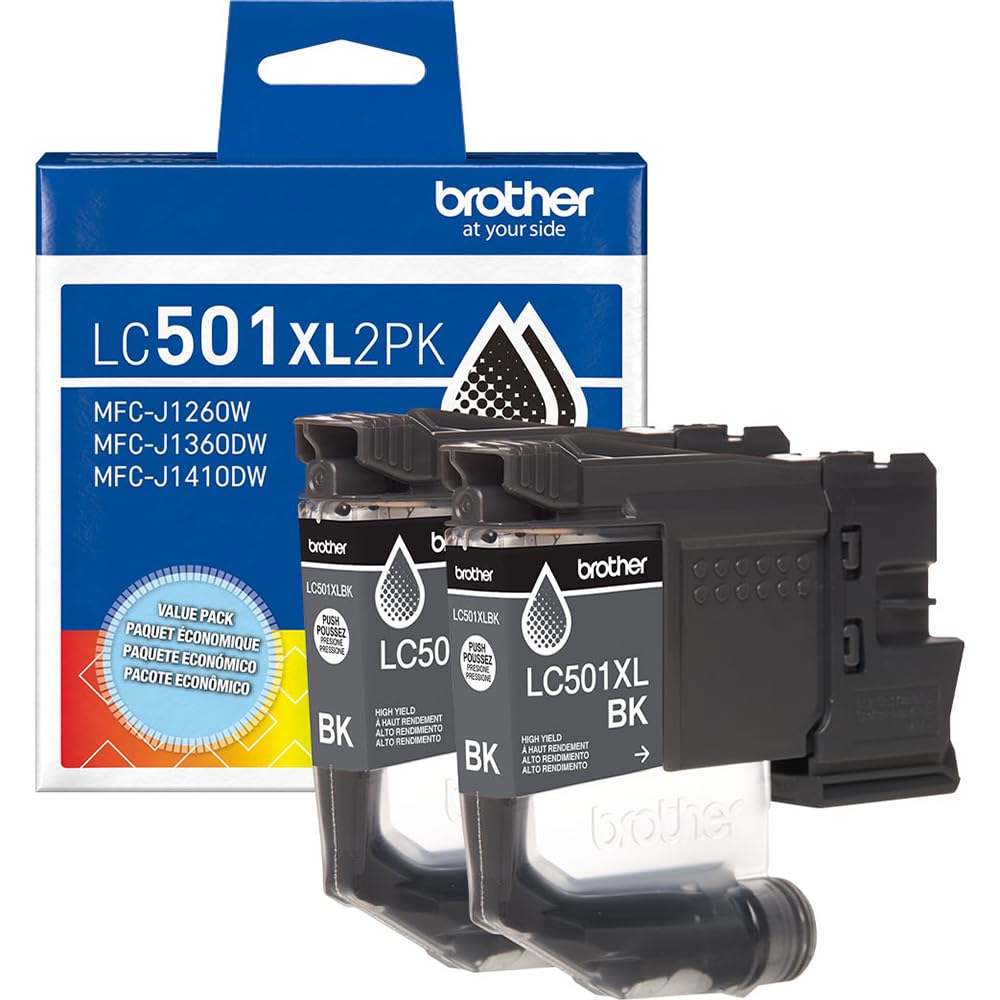 Brother Genuine LC501XL 2-Pack Black High Yield Ink Cartridge Bundle with Deco Essentials Printer eBook for MFC-J1260DW, MFC-J1360DW, MFC-J1410DW