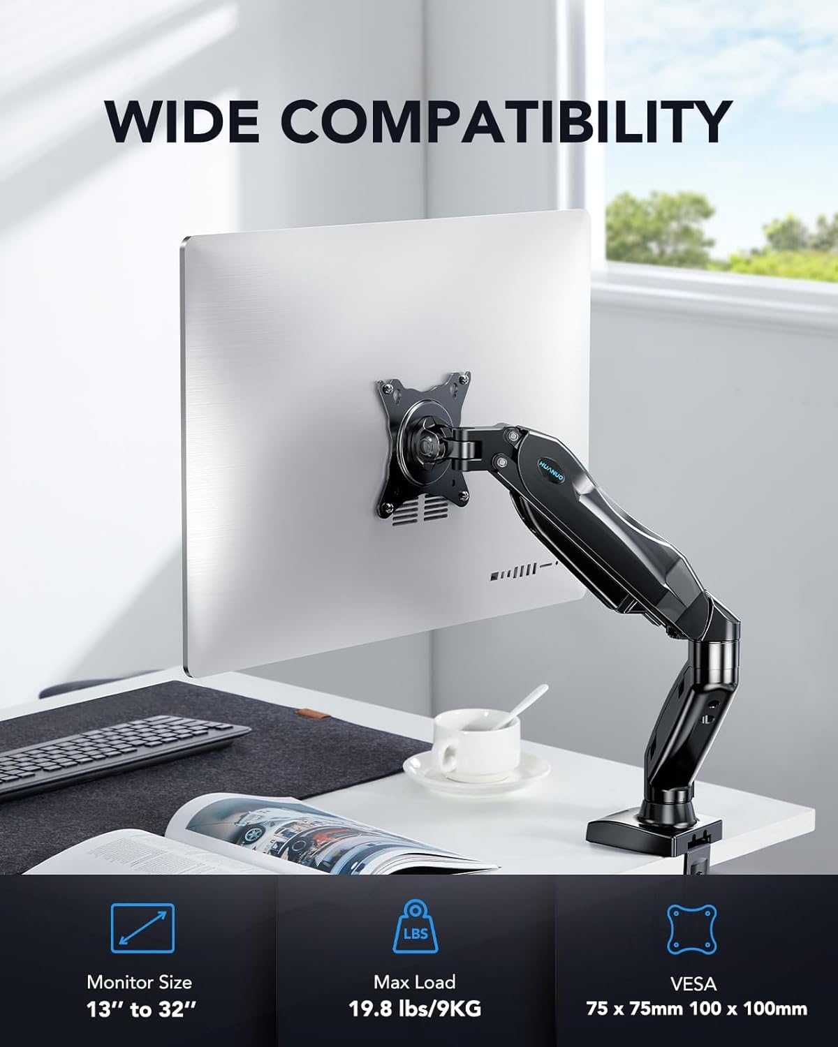 HUANUO FlowLift™ Single Monitor Mount, 13 to 32 Inch Monitor Arm, Adjustable Monitor Stand, Vesa Mount with Clamp and Grommet Base - Fits 4.4