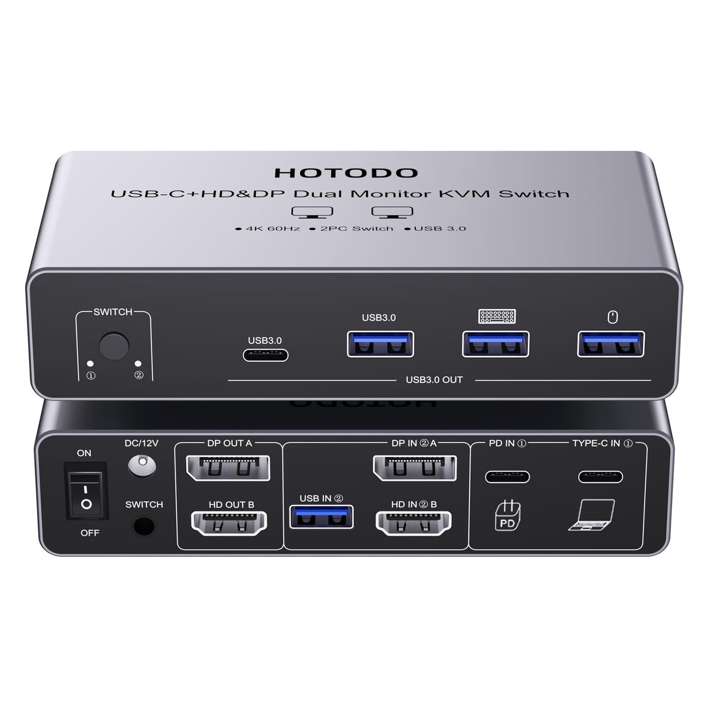 USB C KVM Switch 2 Monitors for 1 Laptop 1 Desktop, 4K@60Hz Dual Monitors HDMI DP KVM Switch for 4 USB 3.0 Ports,Docking Station KVM Switches, PD
