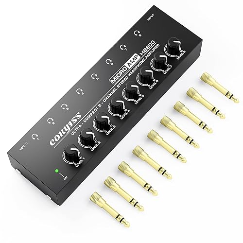 COKYISS® 8-Channel Headphone Amplifier with 9 Adapters - Portable Ultra-Low Noise Multi-Port Stereo Headphone Distributor (8 Output/1 Input)
