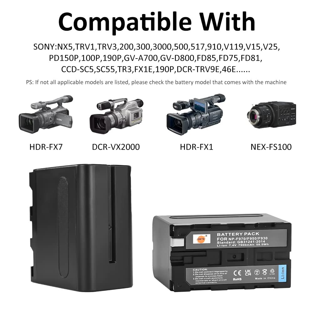 DSTE (2 Pack) NP-F970 Battery + Rapid Dual Battery Charger Compatible with Sony DCM-M1 MVC-CD1000 HDR-FX1 DCR-VX2100E DSR-PD190P HXR-NX3 NP-F930
