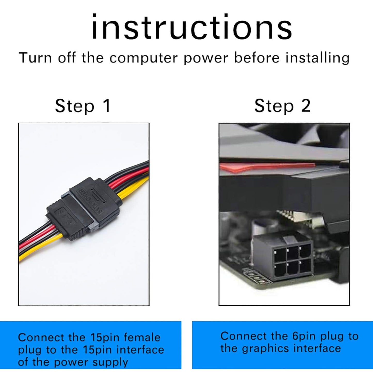 6 Pin SATA Power Cable 3 Pack SATA 15-Pin to 6-Pin PCI Express Card Power Cable Adapter 8 Inch